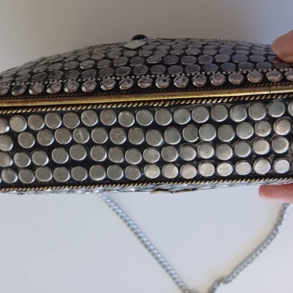 Antik Kraft Mother of Pearl Mosaic Crossbody Clutch Bag Silver Studded Boho - Picture 6 of 12